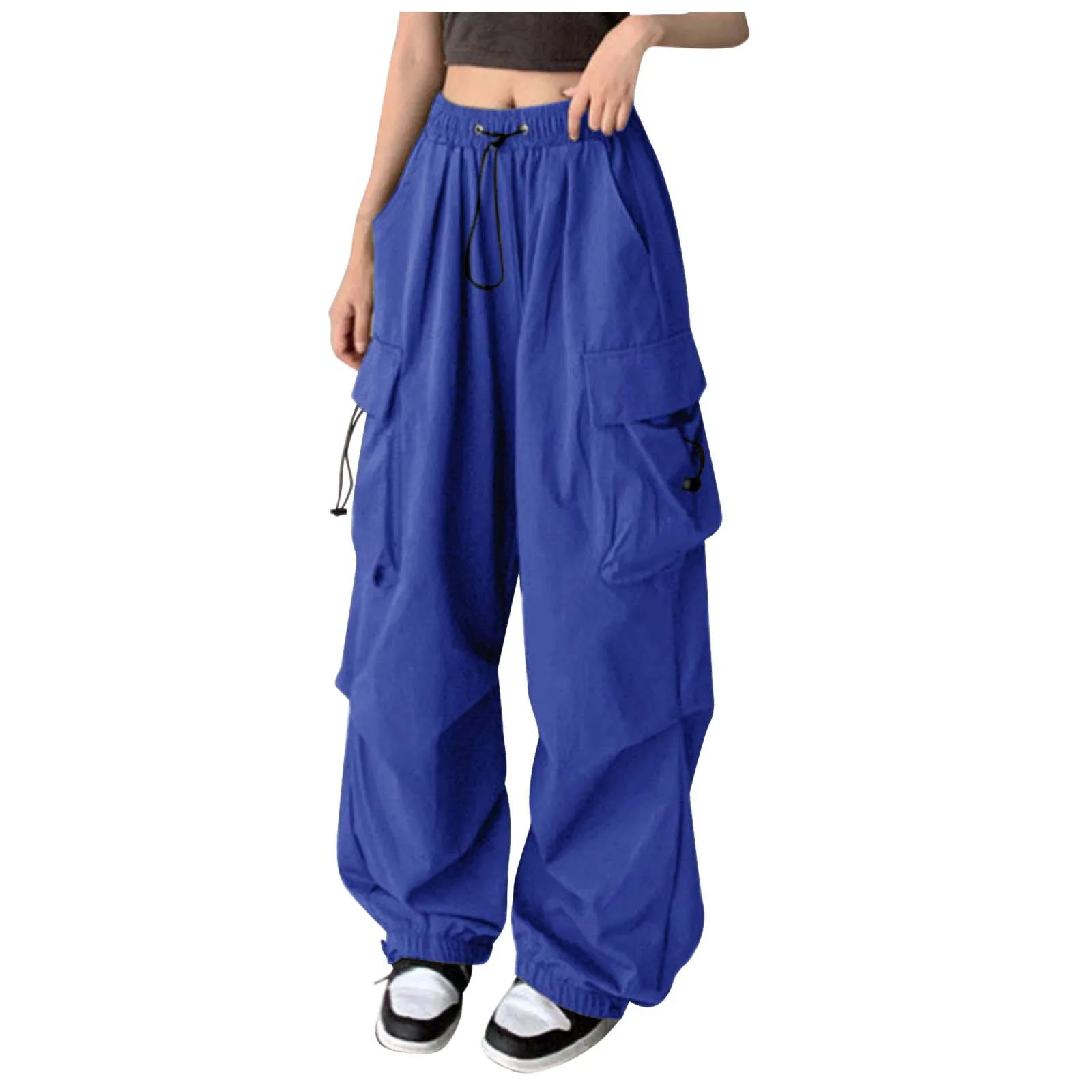 Women'S Solid Color American Retro Overalls Drawstring Waist Loose Bunched Foot Pants Multi-Pocket Fashion Casual Pants