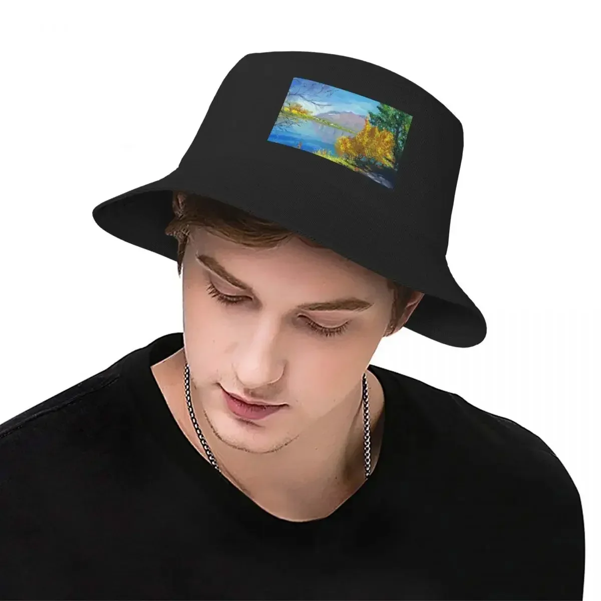 2025 جديد HatLake Wakatipu في الخريف، Queenstown، نيوزيلندا قبعة دلو قبعة عسكرية رجل أسود المرأة الشاطئ قناع الرجال