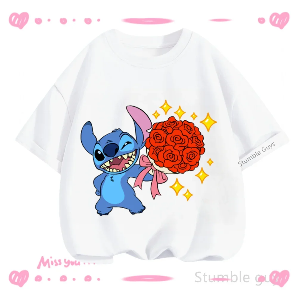

Kids Disney Summer T-Shirt Boys Girls Kawaii Stitch 3-14Y Polka Dot Design Casual Short Sleeve Jersey Sportswear Clothes