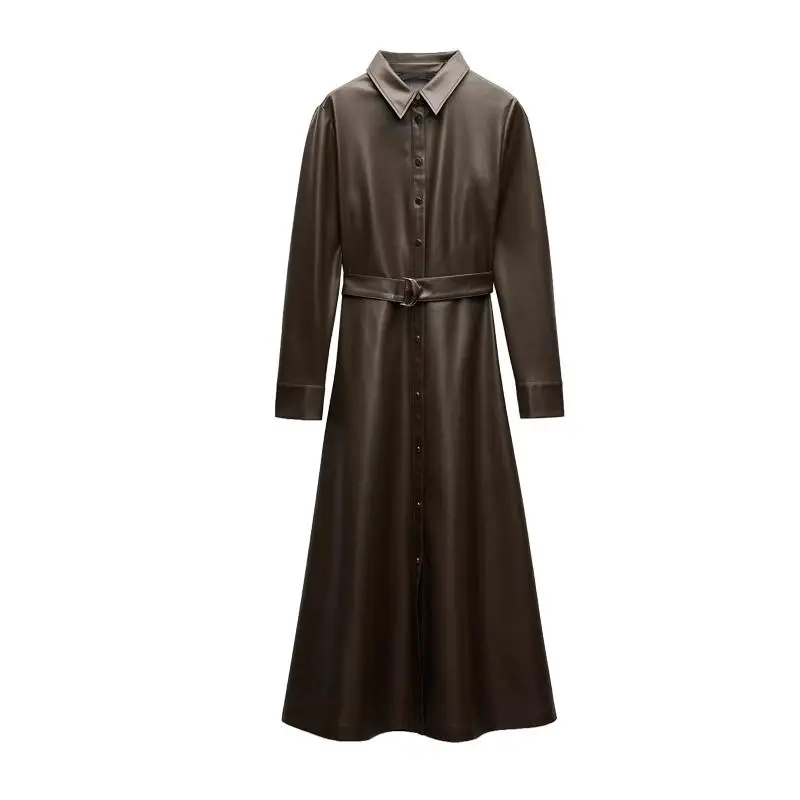 Vestido de Otoño Invierno para Mujer, Estilo Csa de Cuero Sintético con Botón, Cuello Alto, Manga Larga, Falda Línea A, Mo...