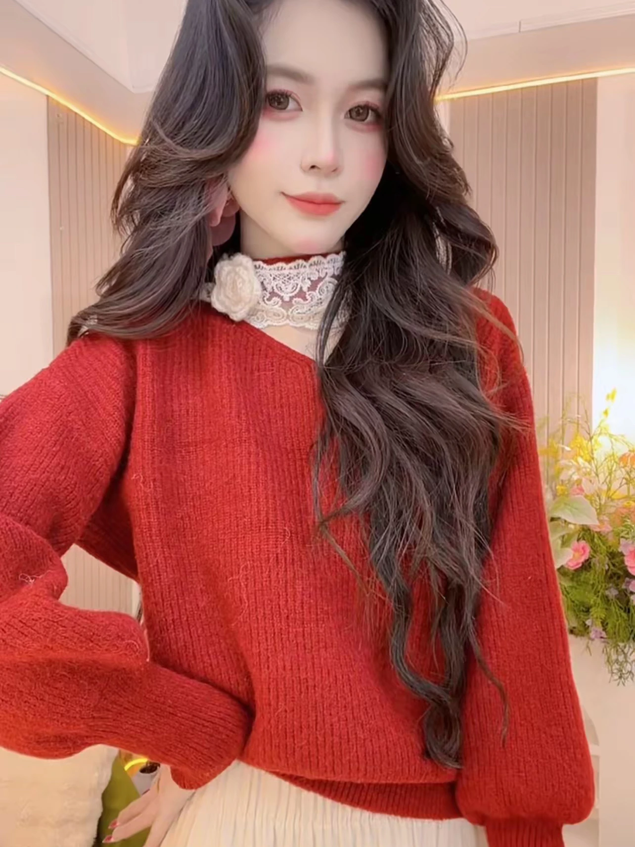 

Sweet Sle Red Knitted Sweater Women's Ne Hanging Hook Flower Autumn Winter New Arrival Aosphere Manner Versatile Sweater