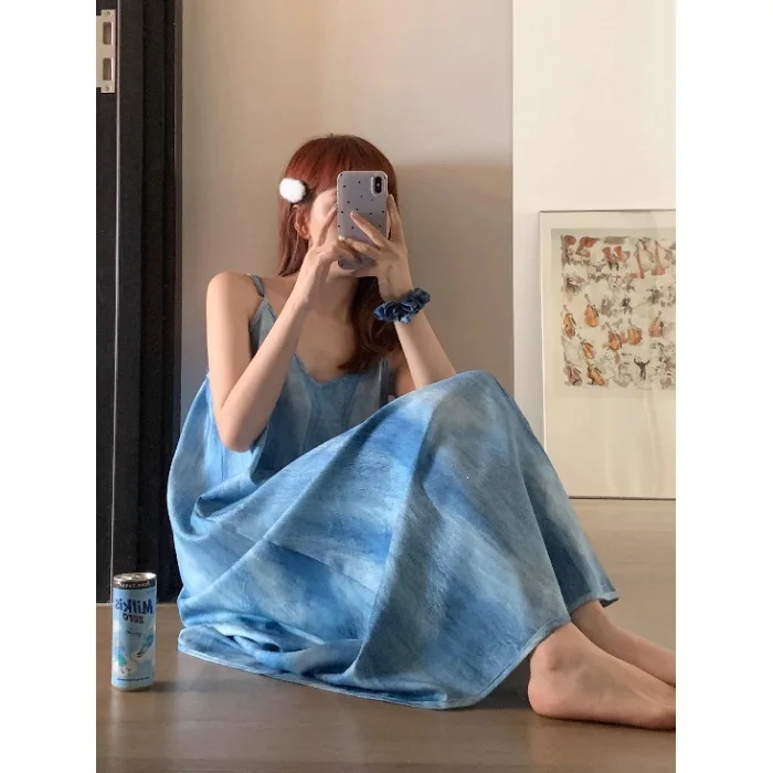 Summer Wearable Tie Dye V Neck Chemise Nightgown Women's New 2025 Home Clothes Sleepwear Sleeveless Knitted Dress Artistic Re...