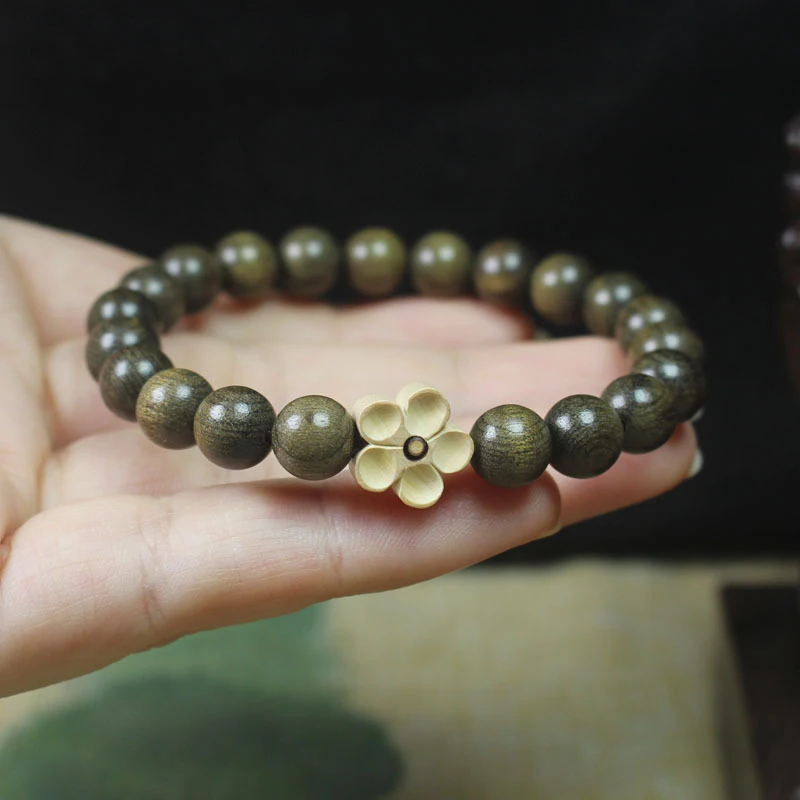 

Браслет из темного дерева 8 мм с дизайном в виде пятилепесткового цветка из боксвуда, унисекс, буддийские бусы, украшение.