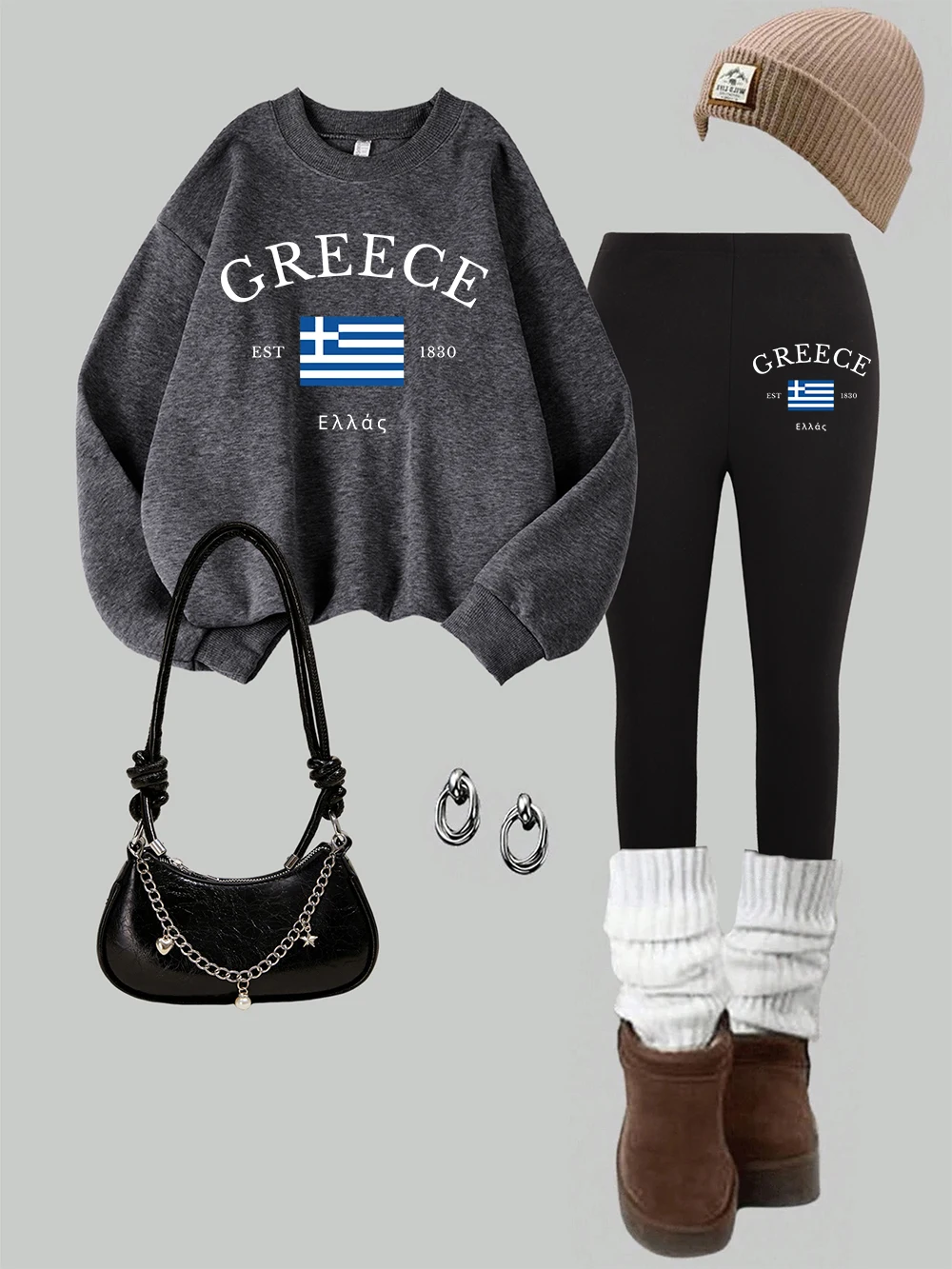 2 Piece Womens Greece Flag Est 1830 Prints Sweatshirts Leggings Set Street Warm Fleece Hoodie Pants Autumn Winter Womans Clothes