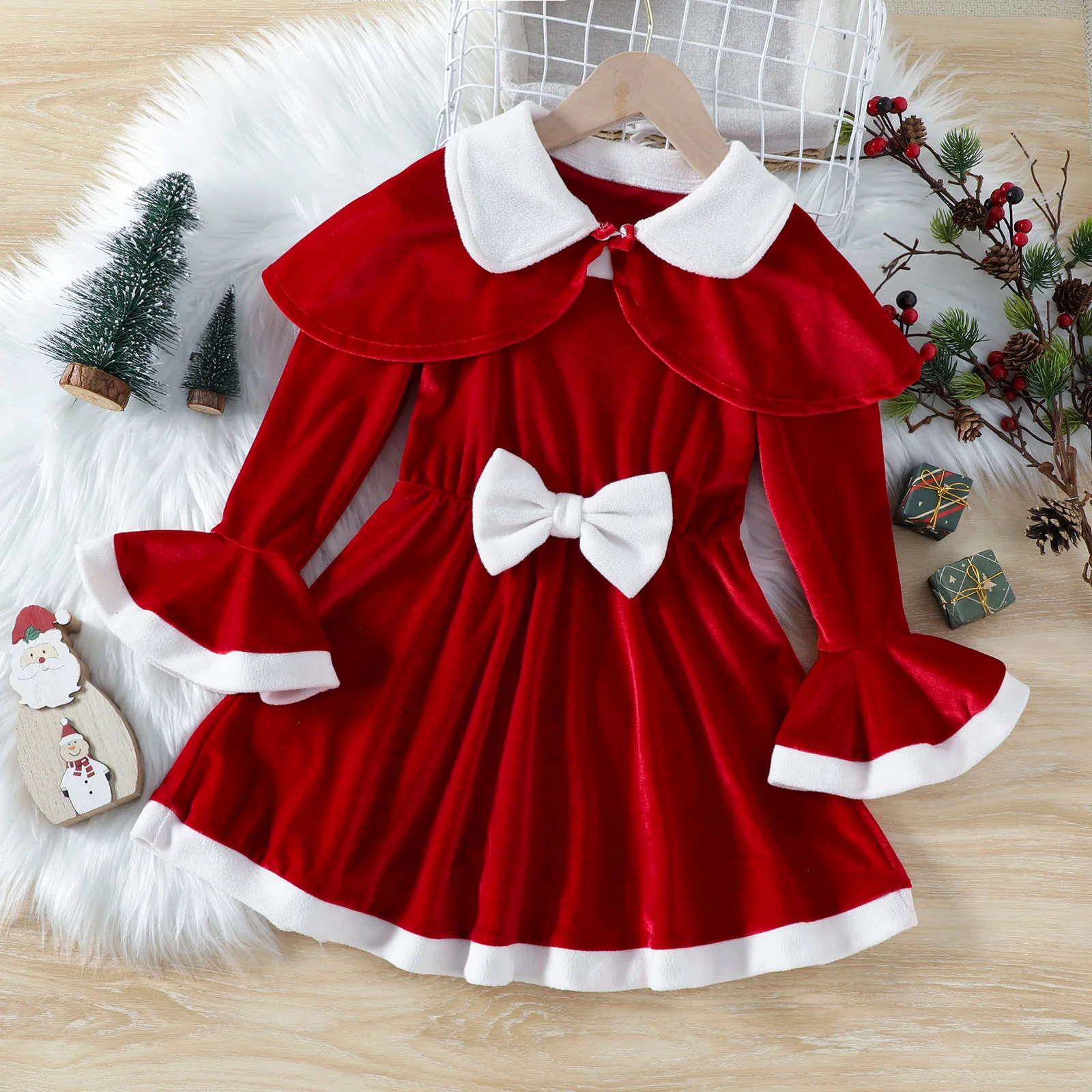 Kids Cosplay Christmas Dresses For Girls 2pcs Sets Christmas Cloak Red Velvet Dress New Year Children Costume Baby Party Dresses