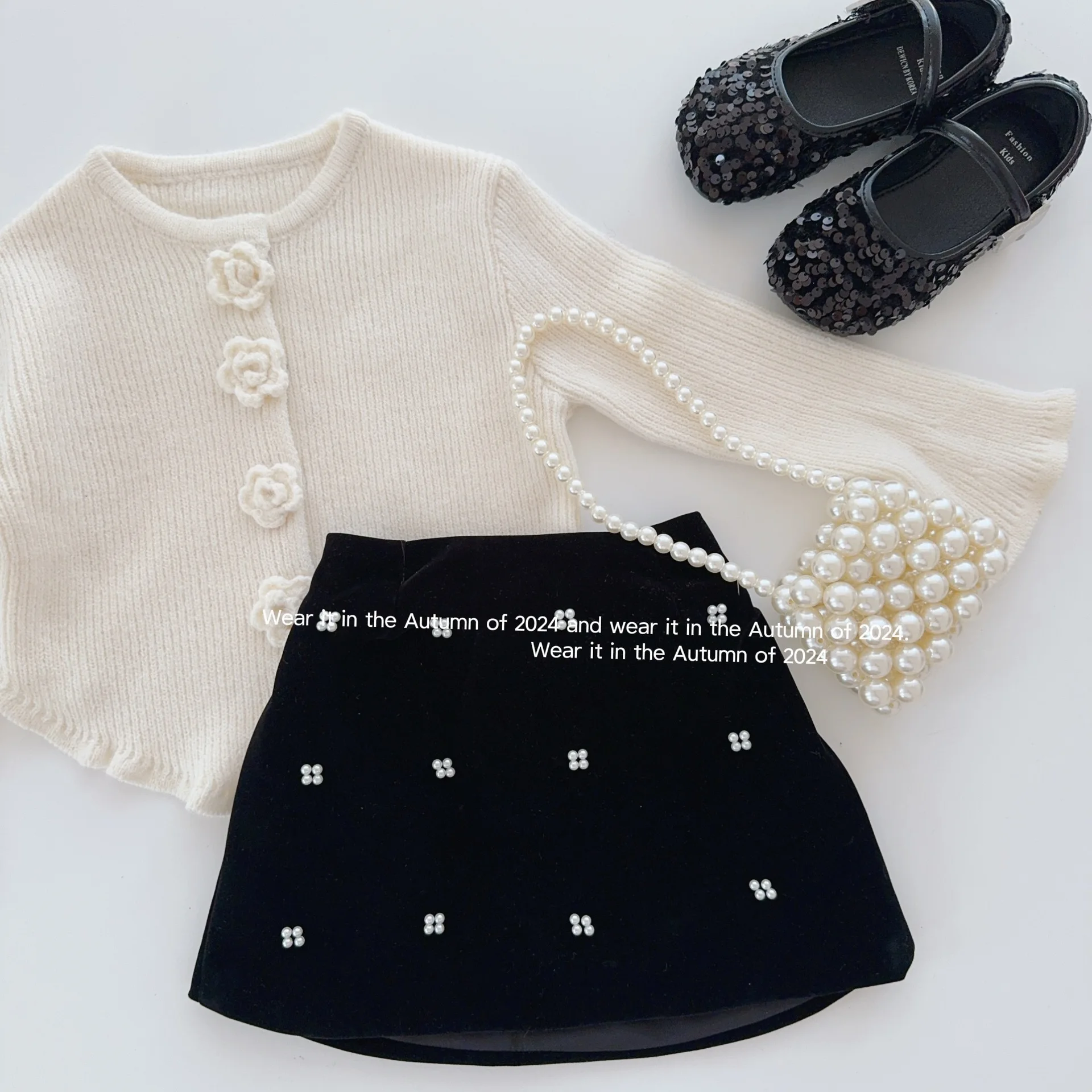 2024 Girls New Pearl Velvet Skirt Spring and Autumn New Handmade Nail Beaded Skirt Fashion and Versatile