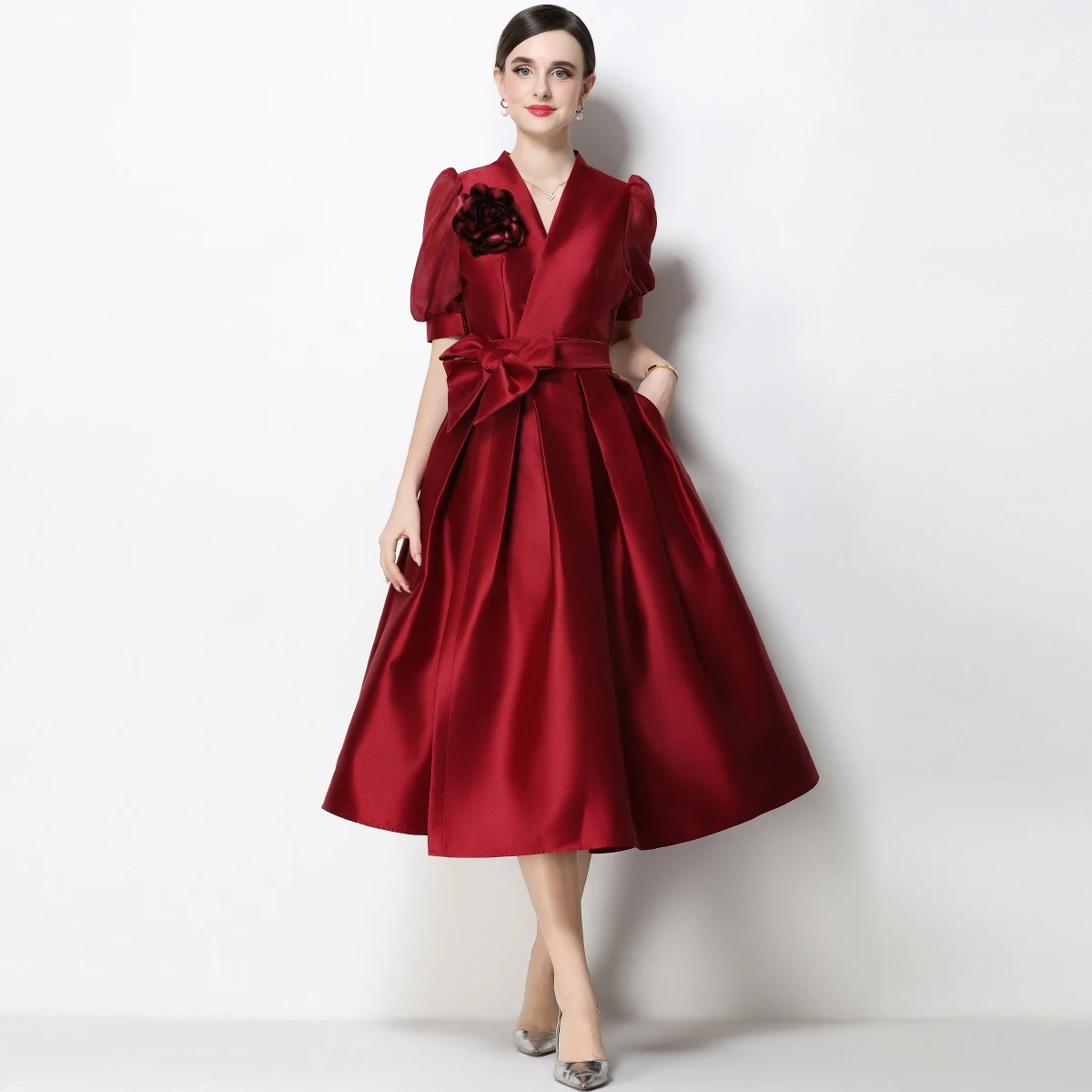 

French Elegant Evening Party Dress Summer Women Cross V-Neck Puff Short Sleeve Thick Satin High Waist Belt Lace Up Vestidos