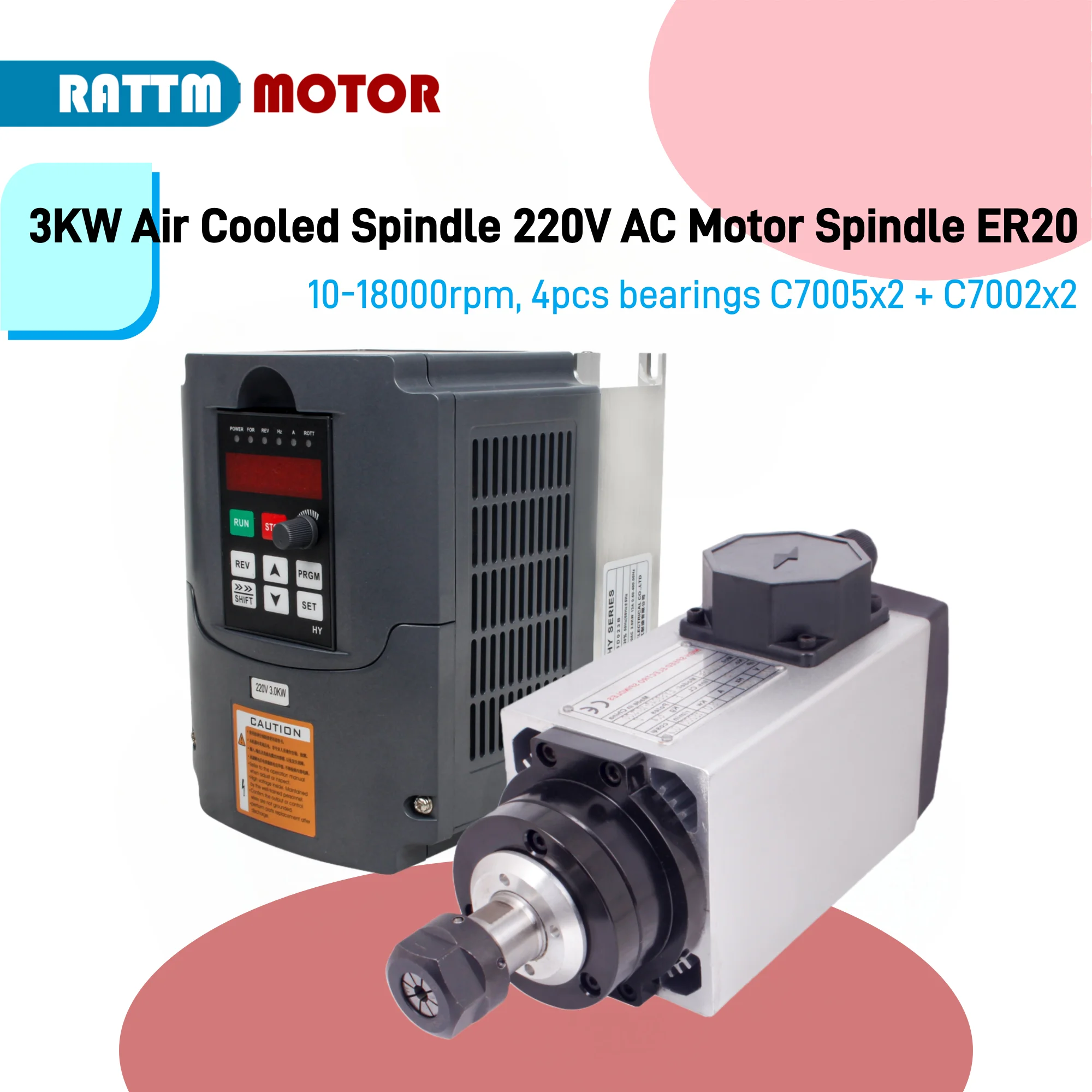 RATTM MOTOR 3KW ER20 CNC Air Cooled Spindle Motor Square 300Hz & HY Inverter VFD Kits For Woodworking Router Engraving Machine