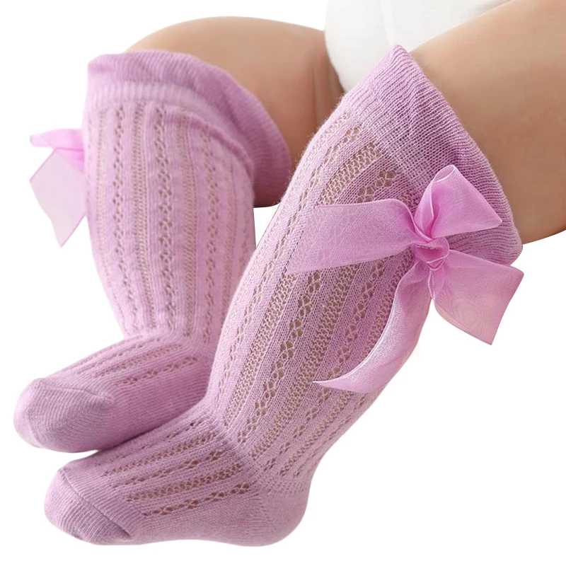 

Infant Baby Girls Long Stockings Princess Solid Color Cute Bowknot Breathable Loose Mouth Socks Over-The-Knee Socks