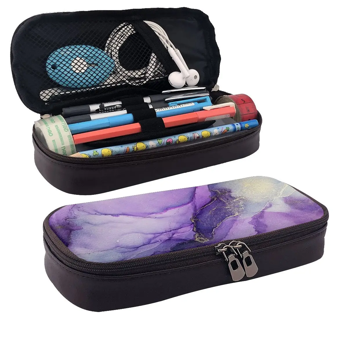 Original Regal Purple Alcohol Ink Abstract A Leather Pencil Cases Pen Holder Big Capacity Pen Box Pencil Bag for Kids School