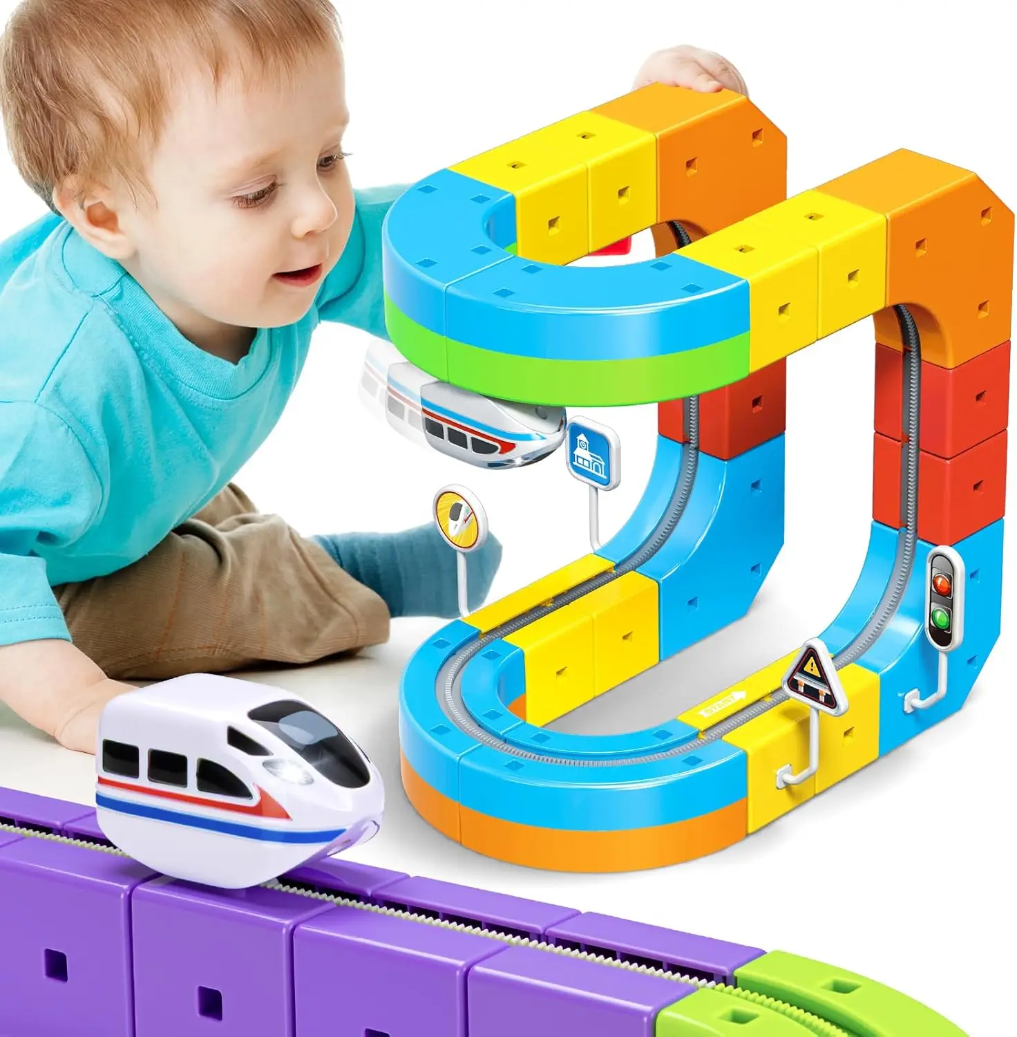 Set Kereta Listrik KlickRail dengan Jalur Balap Fleksibel untuk Anak-anak 4 6 7 8, Jalur Mobil 32 Pcs untuk Balita 3-5, Mainan Jalur Kereta Bangunan G