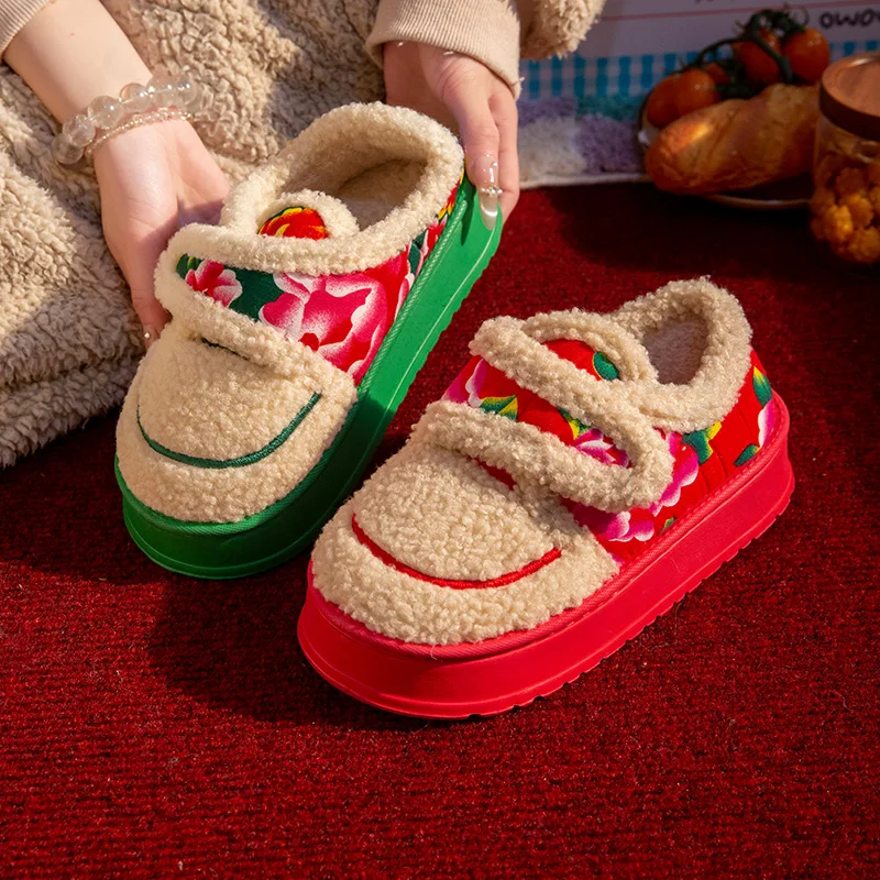 

Fashion Warm Cotton Shoes for Women Winter Floral Cotton Slippers Fluffy Non-slip Fleece Slippers Women Thick Soft Plush Slipper