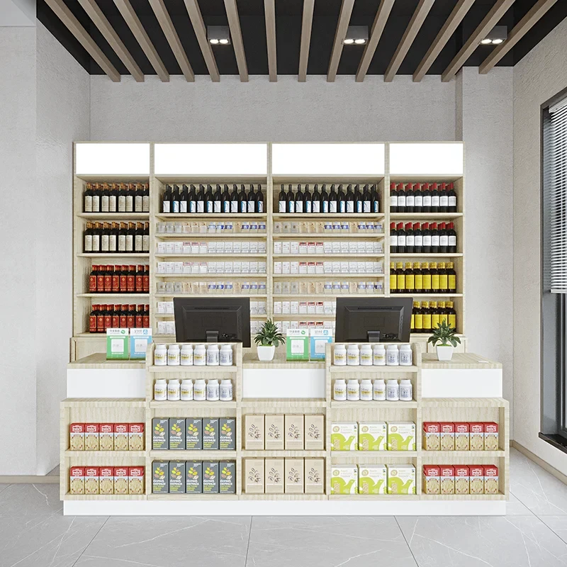 custom.Hongbai Hot Wood Double Shelf Convenience & Supermarket Retail Cashier