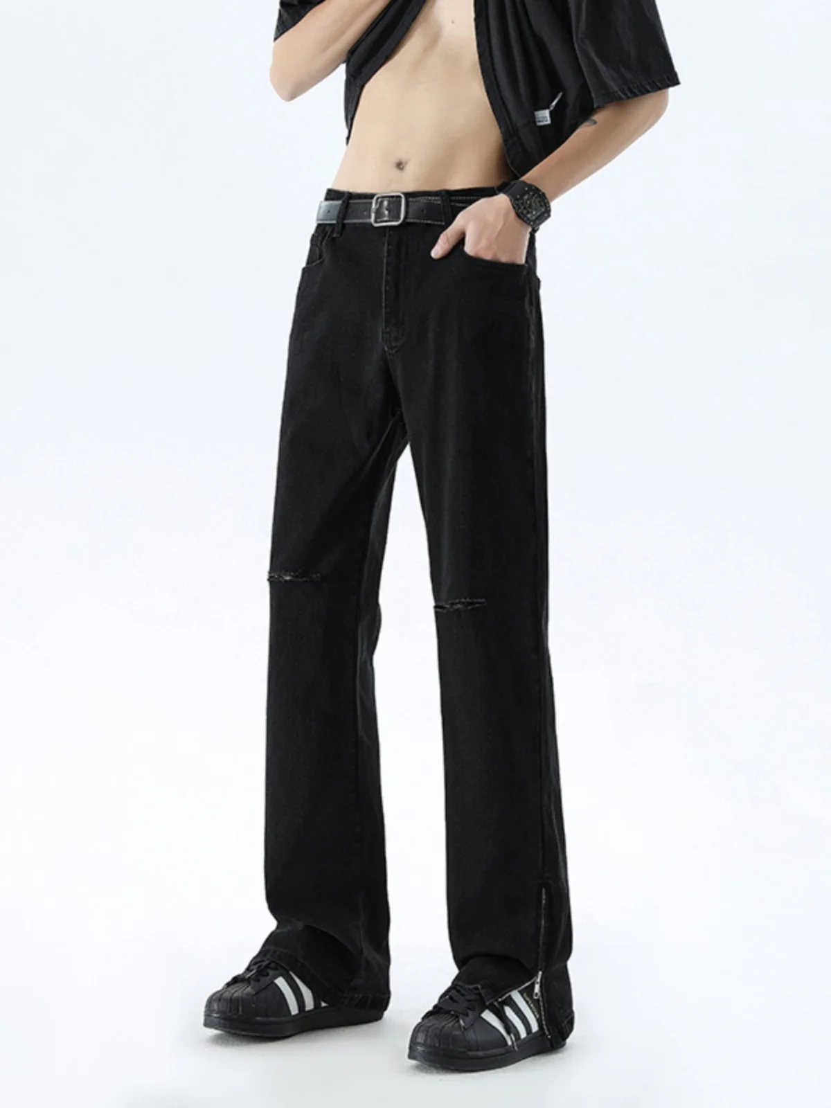 

Pure Black Elastic Straight Leg Jeans Men's Summer American Vibe Zipper Trendy Brand Cool Hole Youthful Cotton Polyester Blend