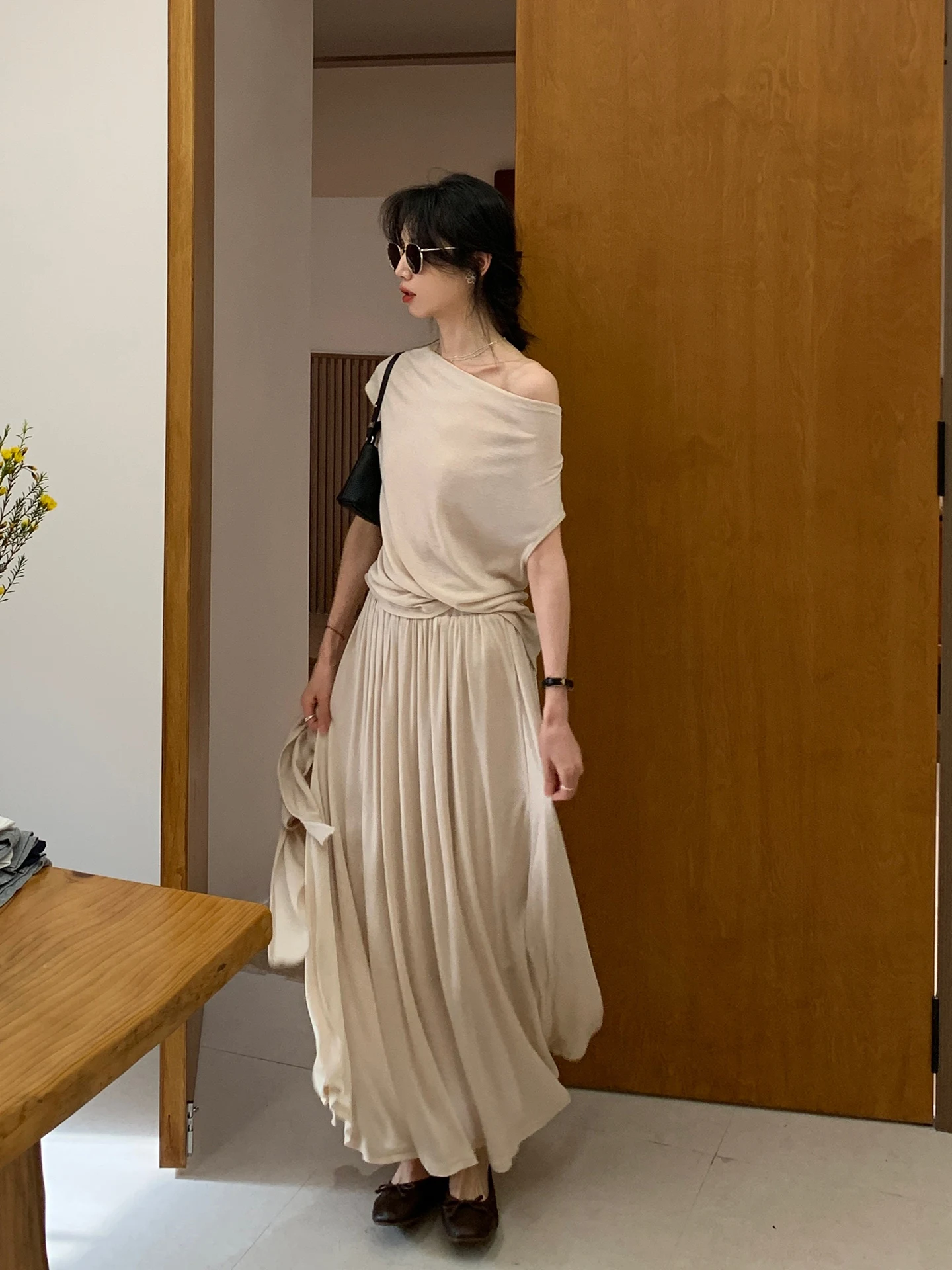 

BRIVIN Korean Style Women's Fashion Set with Shawl Rice Apricot Belt Three Piece Suite Spring New Arrival Elegant Slimming