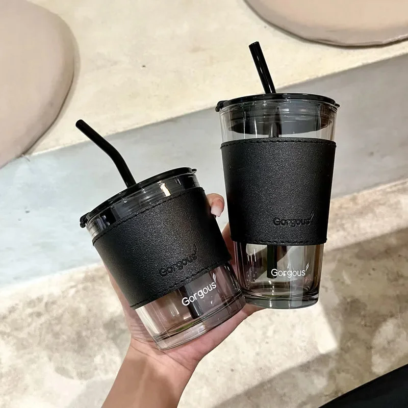 350/450ml Coffee Straw Cup With Lid Heat-Resistant Water Bottle Beer Drinkware Coffee Mug With Straw Deer Printed Leather Glass