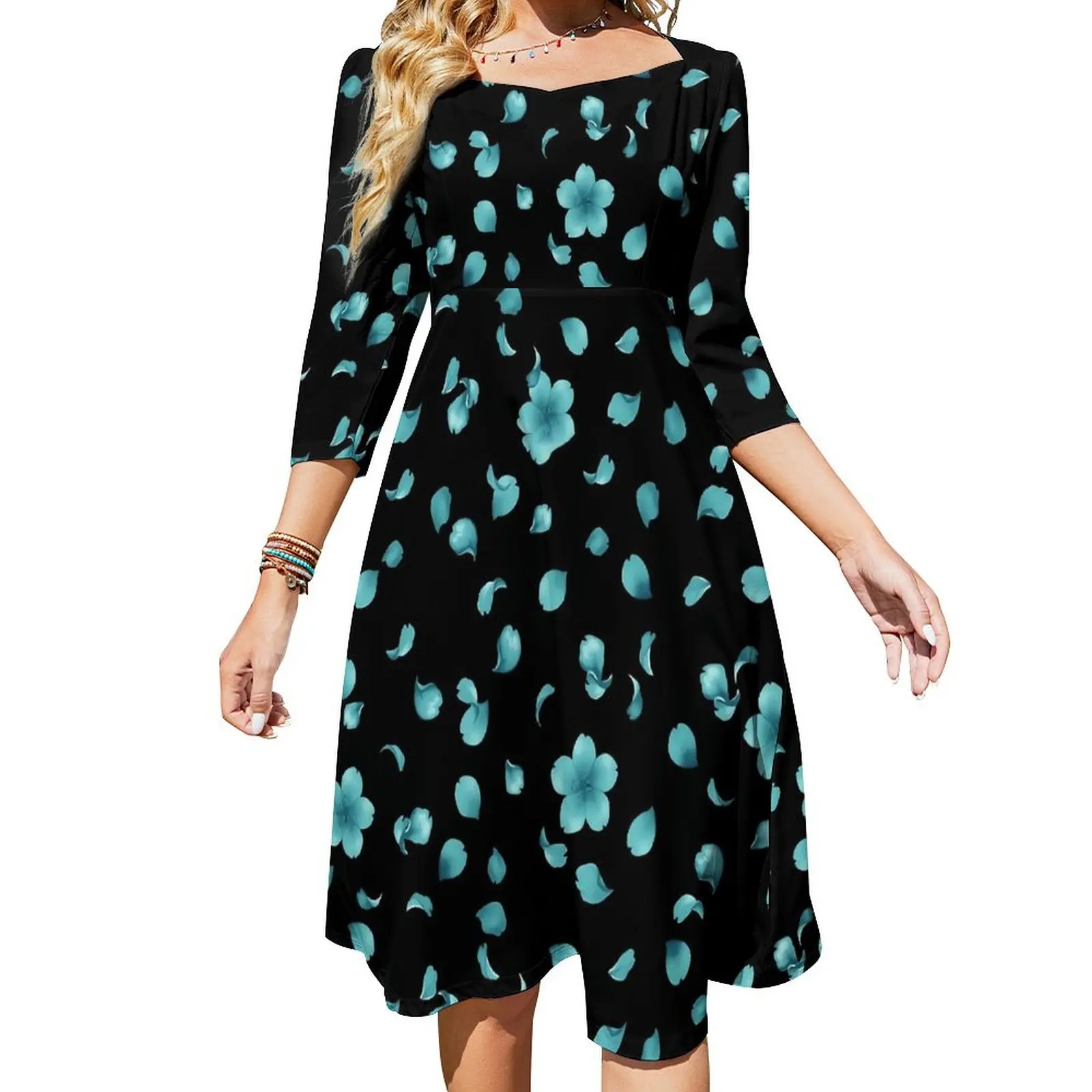 Blue Fower Casual Dress Female Falling Teal Sakura Street Fashion Dresses Retro Dress With Bow Summer Oversize Clothes