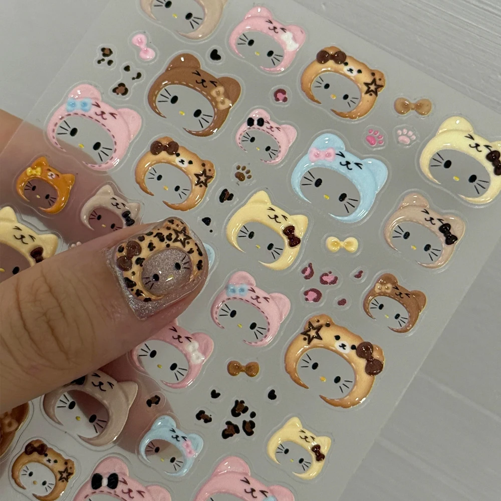 2pcs 5D Kawaii Leopard Print KT Hat Hello Kitty Nail Stickers Big-Thumb Hello Kitty Nail Decals DIY Autumn Winter Nail Supplies-