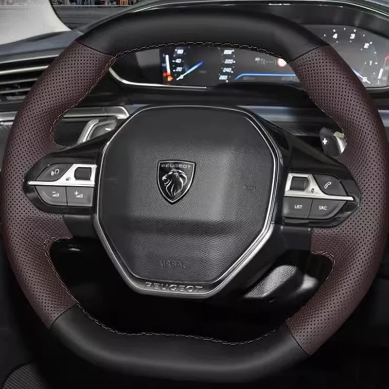 For Peugeot Rifter 408X 2023 2024 Hand Stitched Coffee Non-slip Car Steering Wheel Cover Braid Genuine Leather Car Interior