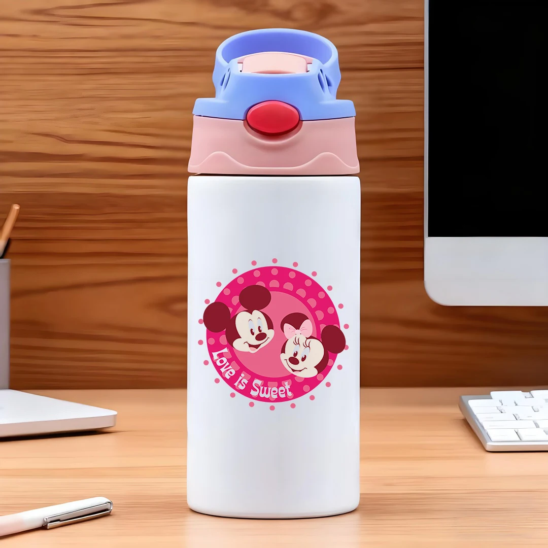 

Disney cartoon Mickey and Minnie Mouse face pink circle Love is Sweet 304 stainless steel cartoon straw cup childrens water c