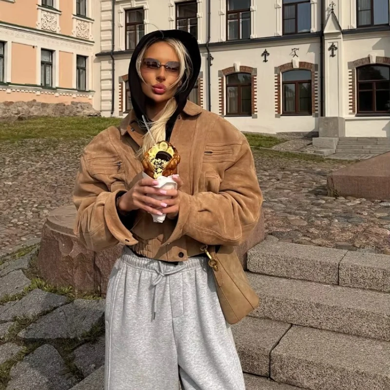 Women Retro Suede Lapel Zippered Short Jackets Full Sleeves Pocket Loose Short Coat 2026 Spring New Lady Daily Commute Outwear