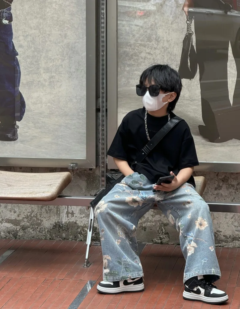 Boys Straight Leg Jeans 2025 Spring/Summer Big & Tall Kids American Print Streetwear Korean Style Denim Pants