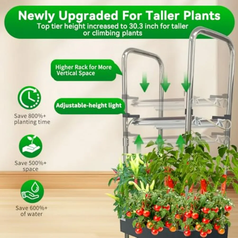 Indoor hydroponics growing system: vertical garden with smart full-spectrum lights, auto water circulation, white aluminum fram view 3