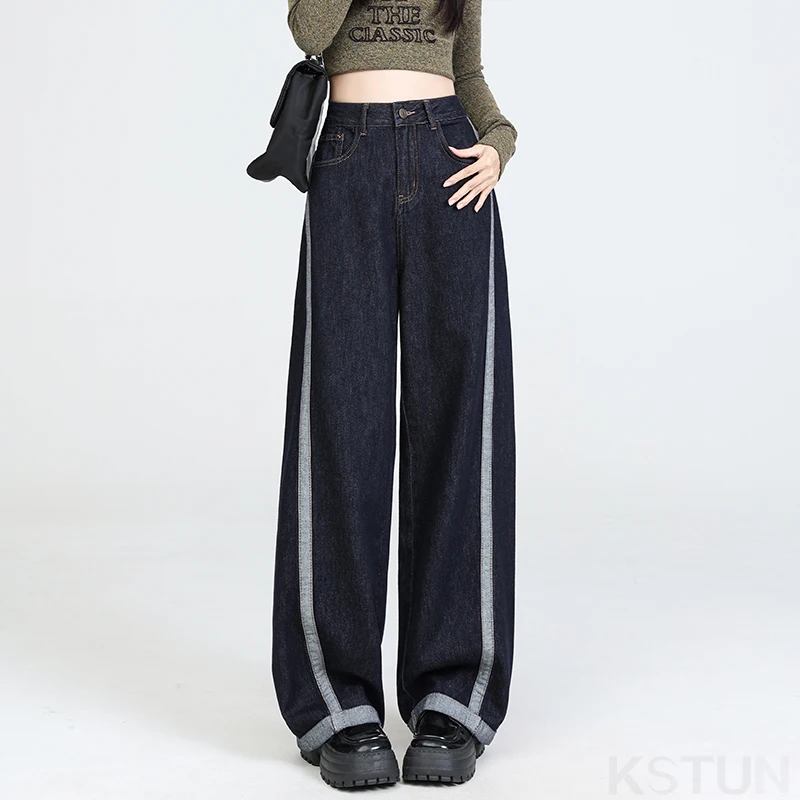 KSTUN 2026 ربيع جديد المرأة عالية الخصر واسعة الساق الجينز مستقيم قطع المرقعة الإناث الأزرق الداكن عادية الدينيم السراويل خمر