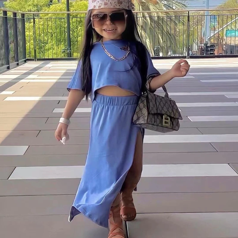 1-8Y Baby Girls Fashion Clothes Outfits O Neck Short Sleeve Crop Top + Slit Skirt 2pcs/Set Casual Kids Summer Clothing Suits