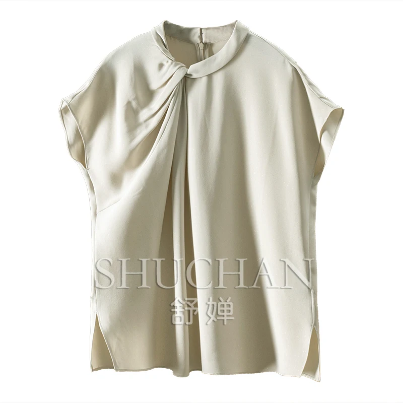 

Посыпанное золото 30Mmi, шелковая сумка из тяжелого крепа с поворотным воротником, рубашка с вращающимися рукавами, женские топы 44C3