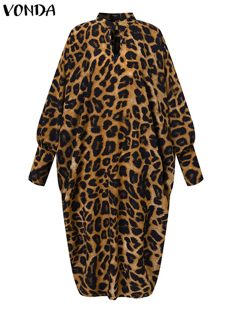 VONDA-vestido Midi con estampado de leopardo para mujer, traje plisado de manga larga con cuello redondo, holgado e informal, para fiesta, Otoño, 2024