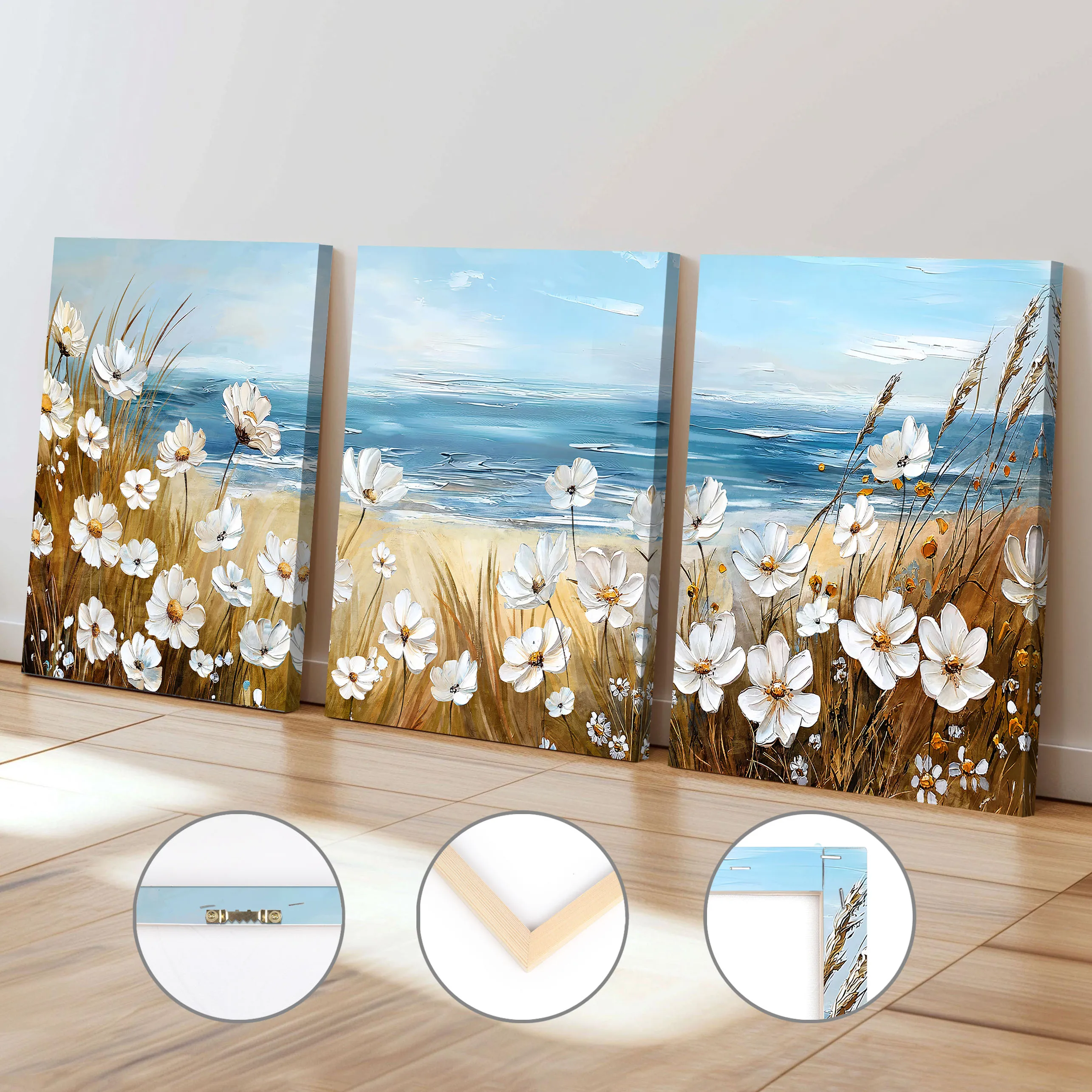 Modern White Floral Oil Painting Art Poster Romantic Aesthetic Seaside Scenery with Frame Canvas Painting Home Living Room Decor