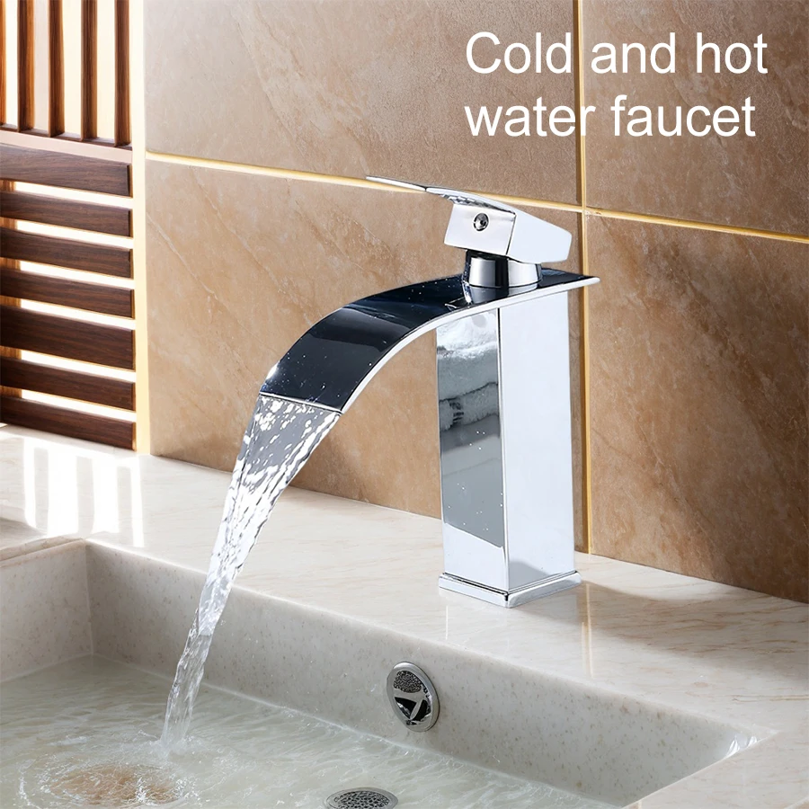 

1 Set of Bathroom Vanity Basin Hot and Cold Water Mixing Stainless Steel Faucet, 18Cm/7.09In Height, Square Flat Spout Single-Hole Countertop Installation, Silver Color, Waterfall Water Outlet with Anti-Splash Design, Dedicated for Under-Counter Basins, I
