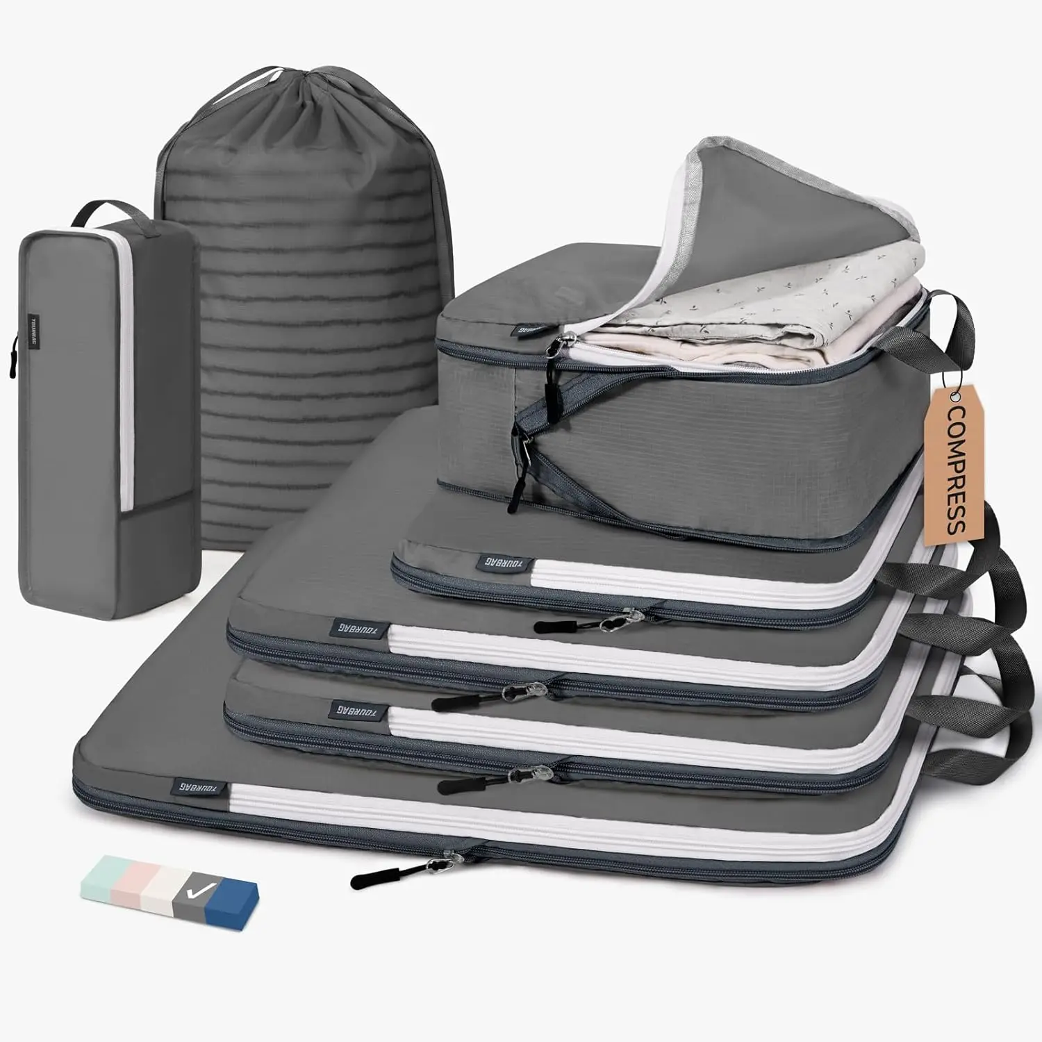 

7-Pack Compression Packing Cubes for Travel, Space-Saving Luggage Organizer, Grey