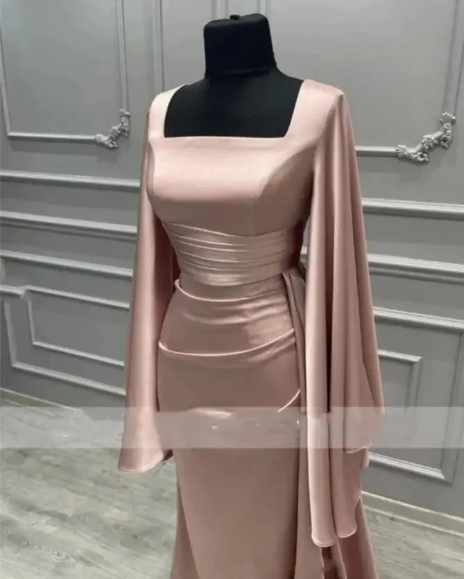 Eightale Rose Champagne Muslim Evening Dresses Satin Mermaid Prom Wedding Party Gown Square Collar Customized Robes De Soirée