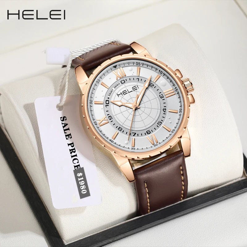 HELEI2024 new men's quartz watch leather ancient Roman numerical dial men's clock business waterproof luxury men's watches