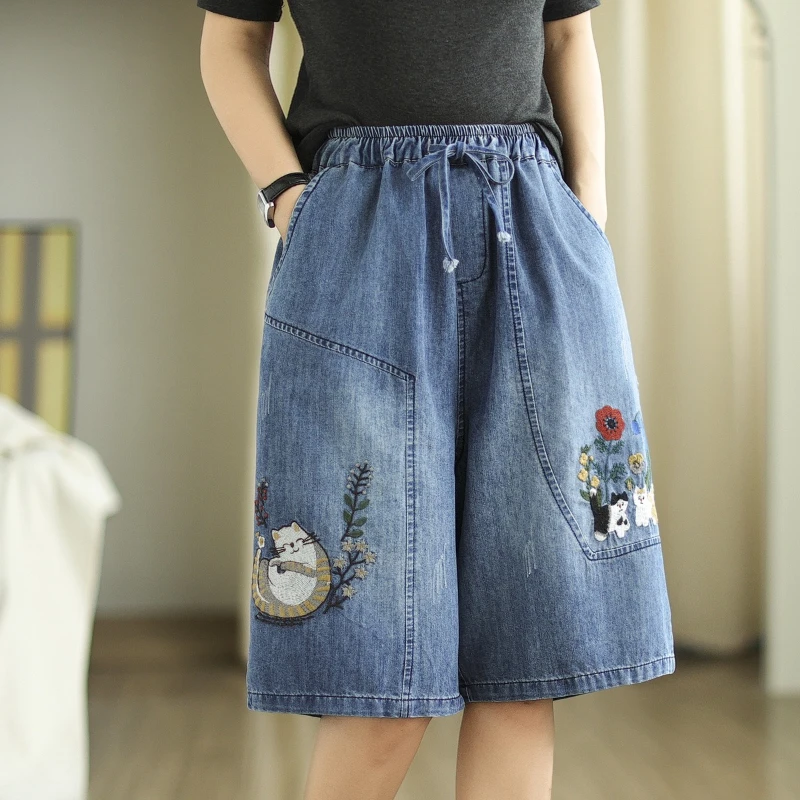 Denim Pant Women Jeans Wide Leg Knee Length Pants High Waist Straight Shorts Trousers Y2k Streetwear Elegant Splice Embroidery