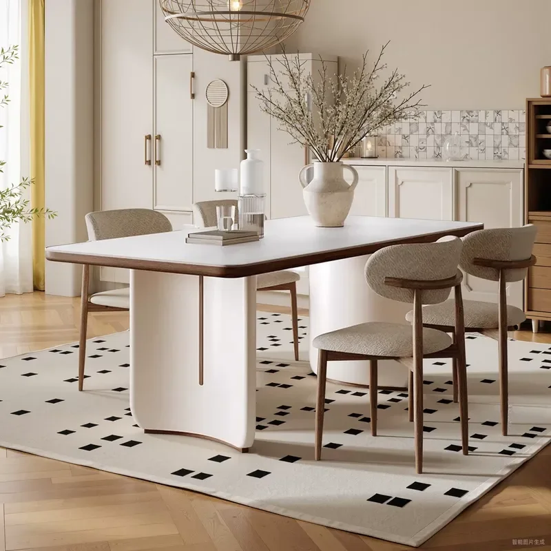 Cream Wind Tunnel Stone Slab Dining Table Solid Wood Light Luxury High End Household Small Apartment Dining Table and Chairs