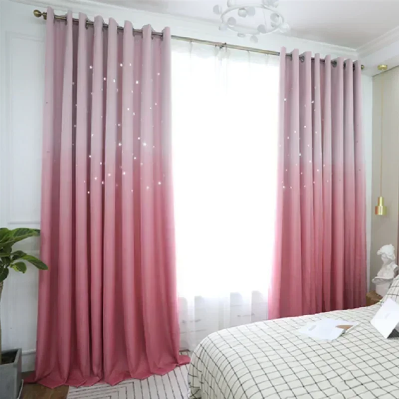 Children's Room Double Layer Hollowed Out Star Gradient Window Screen Curtains for Living Room Bedroom Partition Curtains