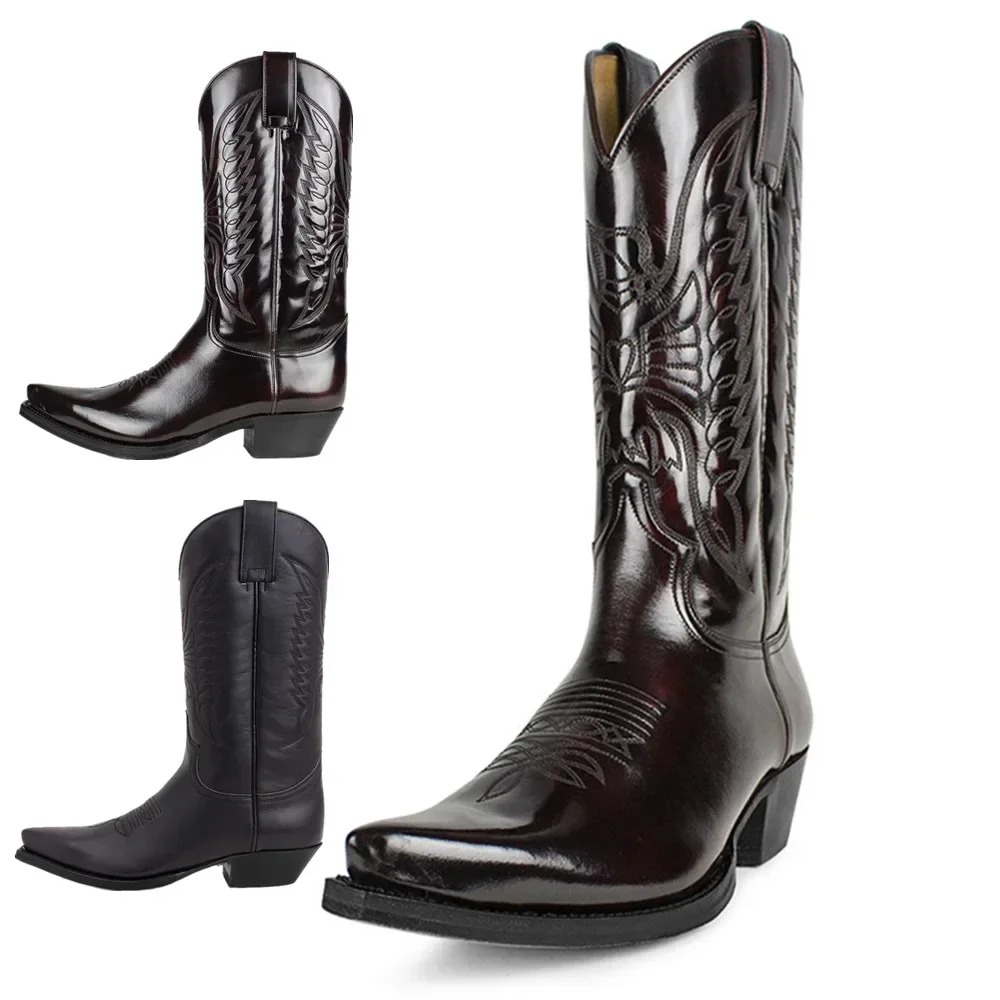 Botas vaqueras de lujo para hombre, zapatos de caballero Vintage, Botas de cuero bordadas de tacón medio para motocicleta, Botas casuales West,