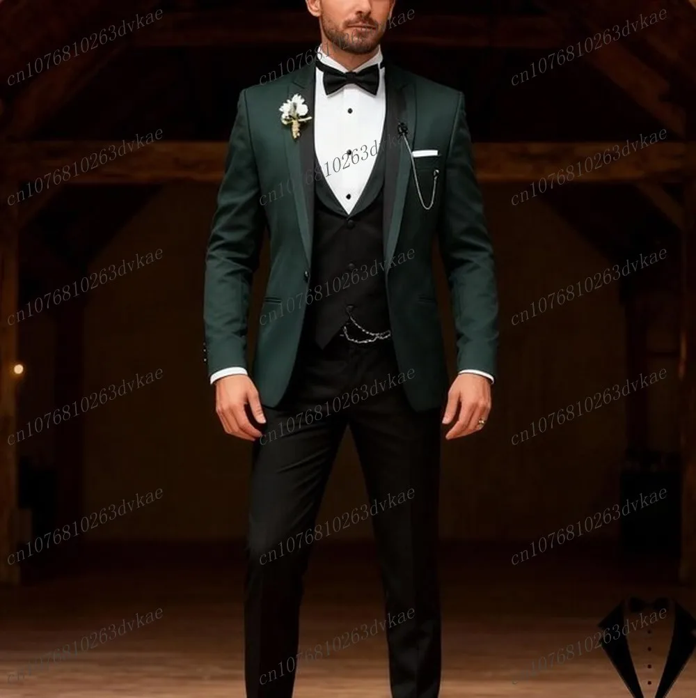 

Dark Green And Black Men Suit Wedding Party Formal Groom Groomsman Prom Business Male Tuxedos 3 Piece Set Jacket Vest Pants