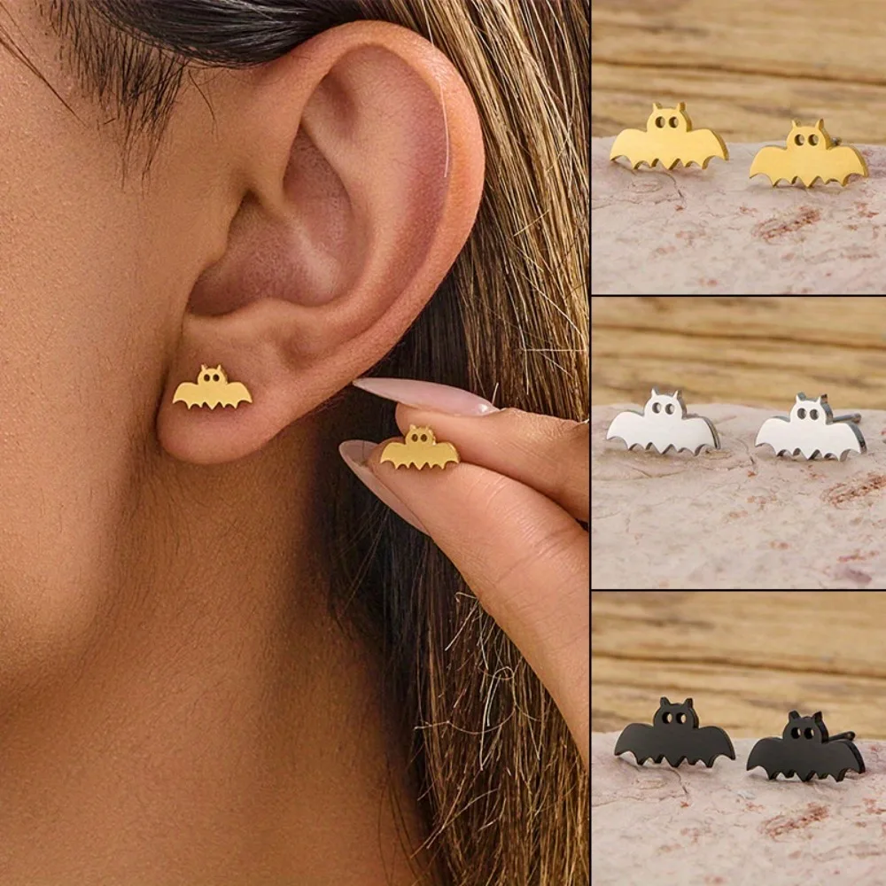 1 Pair of Halloween Stainless Steel Geometric Bat-Shaped Animal Stud Earrings - Easy to Wear, Suitable for Ear Piercing, Party Accessories for Men, Women, and Teenagers, Perfect Halloween Gift