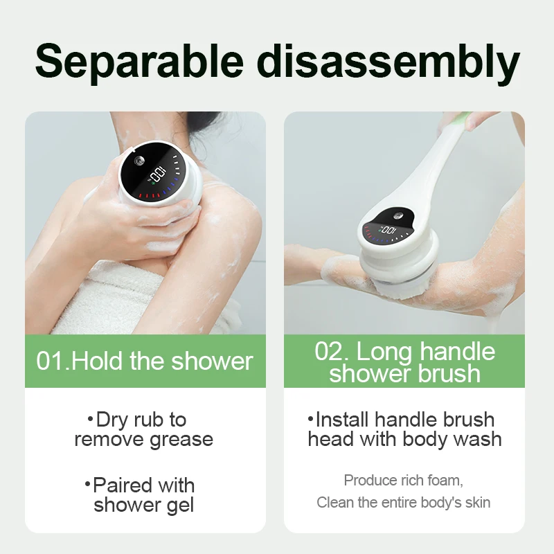 Waterproof Electric Bath Back Scrubber with Long Handle IPX7 Shower Body Cleaning Brushes 5 Brush Heads for Exfoliating Massage