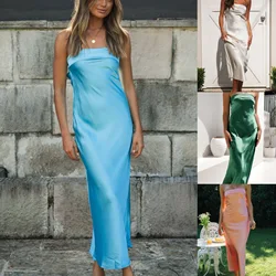 Summer Women's New Solid Color Strapless Elastic Backless Knitted Satin Sexy Dress Party Satin Evening Dress Elegant and Graceful
