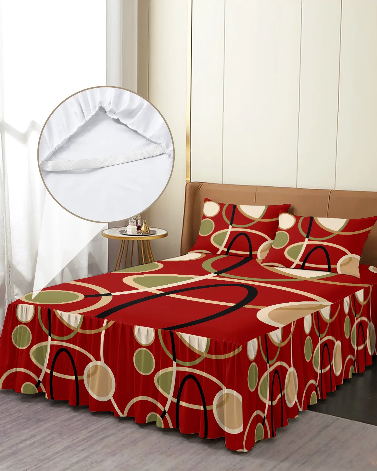 

Red Brown Geometric Abstract Lines Bed Skirt Elastic Fitted Bedspread With Pillowcases Mattress Cover Bedding Set Bed Sheet