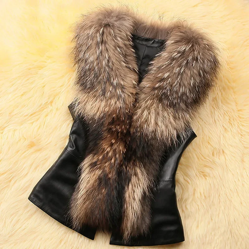 PU Leather Faux Fur Coat Casual Sleeveless Faux Fox Collar Vest Winter Coat Woman