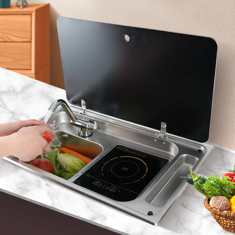 Integrated Stainless Steel Sink and Induction Cooker Combination with Tempered Glass Lid for RV Trailer  and Yacht Kitchens