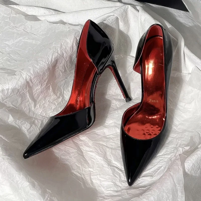 Red Bottom with Diamond Low-Cut High Heels Fine Heel with Black Side Empty with Rhinestones Elegant Socialite Nude Color Pointed