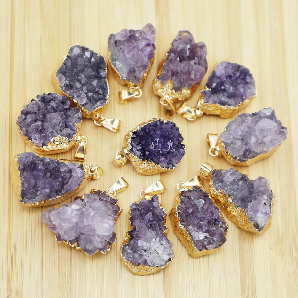 Free Shipping Natural Raw Stone Irregular Amethyst Pendant Fashion Gold Rim Necklace DIY Trend Jewelry Gifts Wholesale 8Pcs/Lot