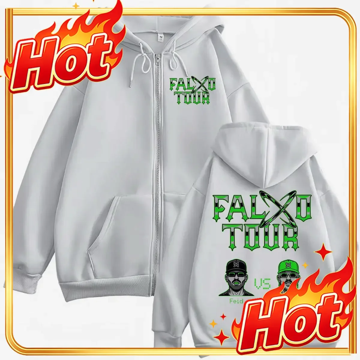 Feid Vs Ferxxo Falxxo Tour 2026 Zipper Hoodie Fashion Hip Hop Zip Up Hooded Sweatshirts Men Women Casual Loose Fleece Pullovers